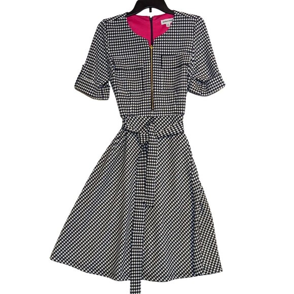 Shelby & Palmer Womens Houndstooth Dress Size 6 Black & White Zip Front & Belted - Picture 1 of 6